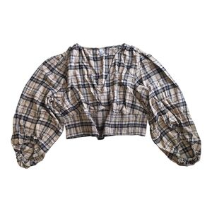 It's Brown Plaid Smocked Balloon Sleeve Plunge Blouse 2x